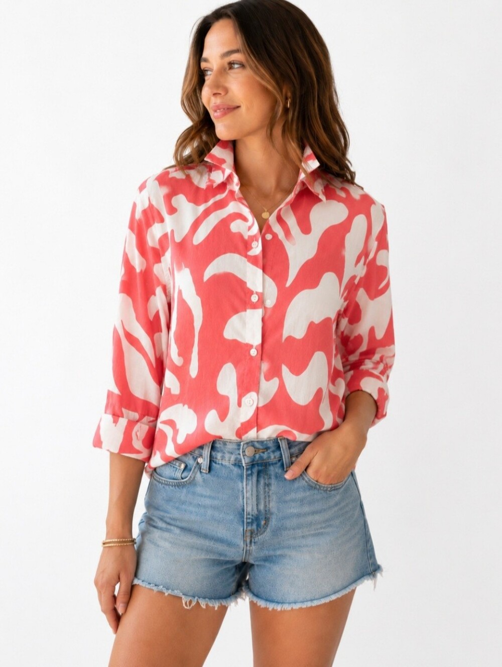 Chico’s 100% Linen Button Front Blouse Women’s US 12 Pink White Abstract Print